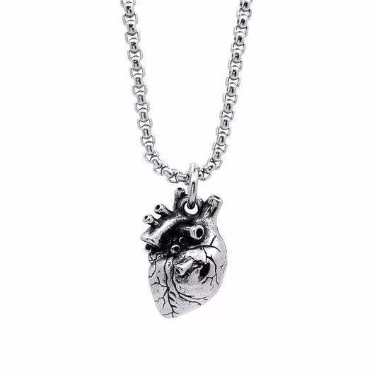1. Planderful Dark Gothic Three Dimensional Heart Pendant Stainless Steel Necklace Unisex