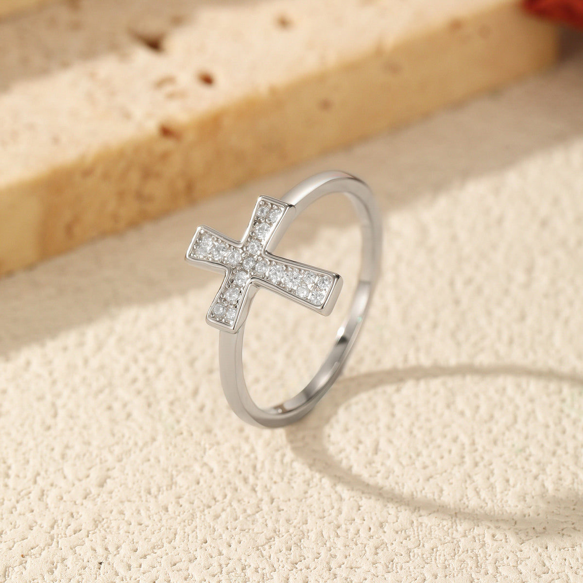 S925 Sterling Silver Cross Moissanite Ring