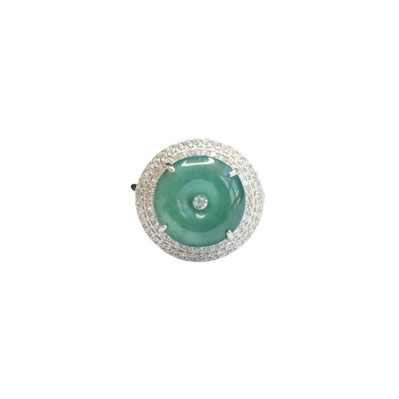 Sterling Silver Adjustable Jade Ring with Double Zircon Halo
