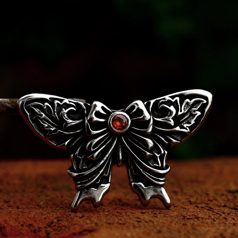 Titanium Steel Butterfly Pendant with Stone Inlay - Retro Men's Jewelry for International Trade