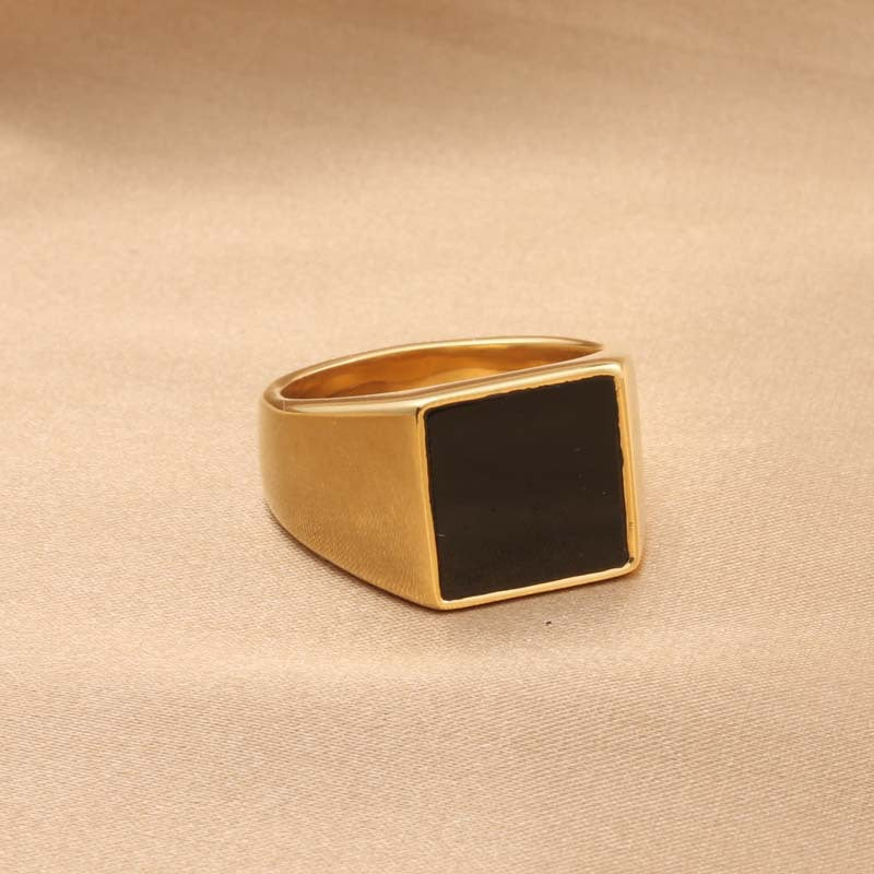 Men's Retro Titanium Steel Black Gemstone Square Ring - Trendy Epoxy Design, Available in Sizes 7-13