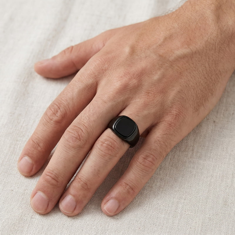 Cold Smooth Stainless Steel Ring, Square Black Stone Titanium Steel Men's
