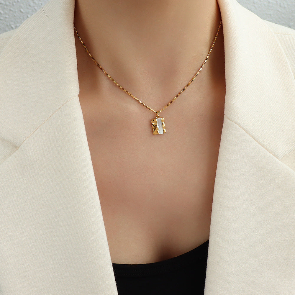 French Seashell Square Pendant Necklace with 18k Gold Box Chain