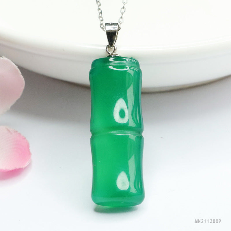 Icy Green Chalcedony Bamboo Silver Pendant — No Chain