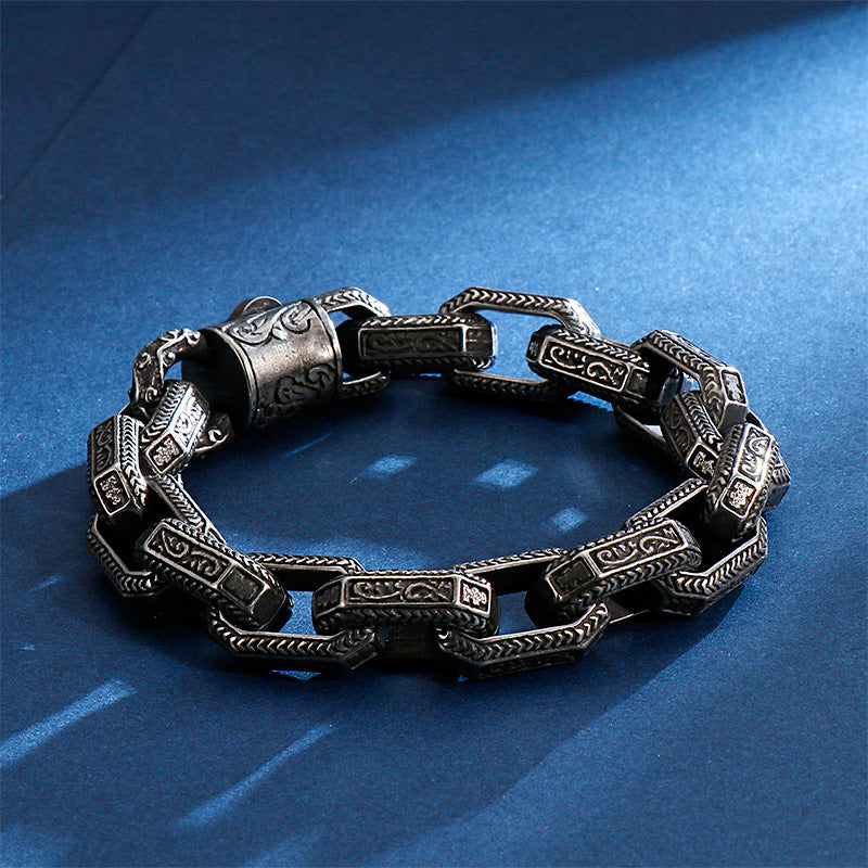Antique Square Buddha Head Titanium Steel Men's Bracelet