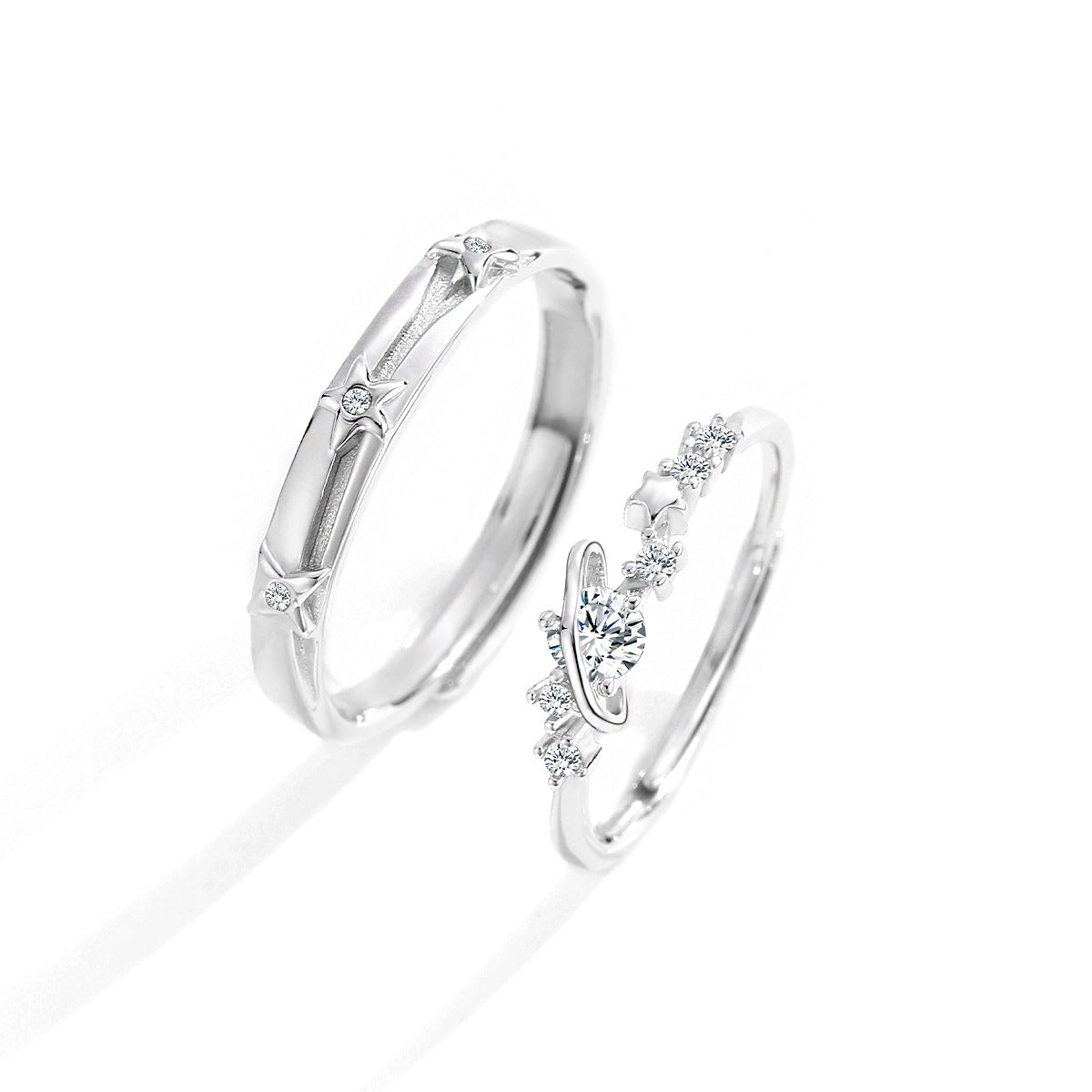 Planderful Star Accompanied S925 Sterling Silver Couple Ring Planet Pair Ring Light Luxury Trendy Cool Jewelry Valentine's Day Girlfriend