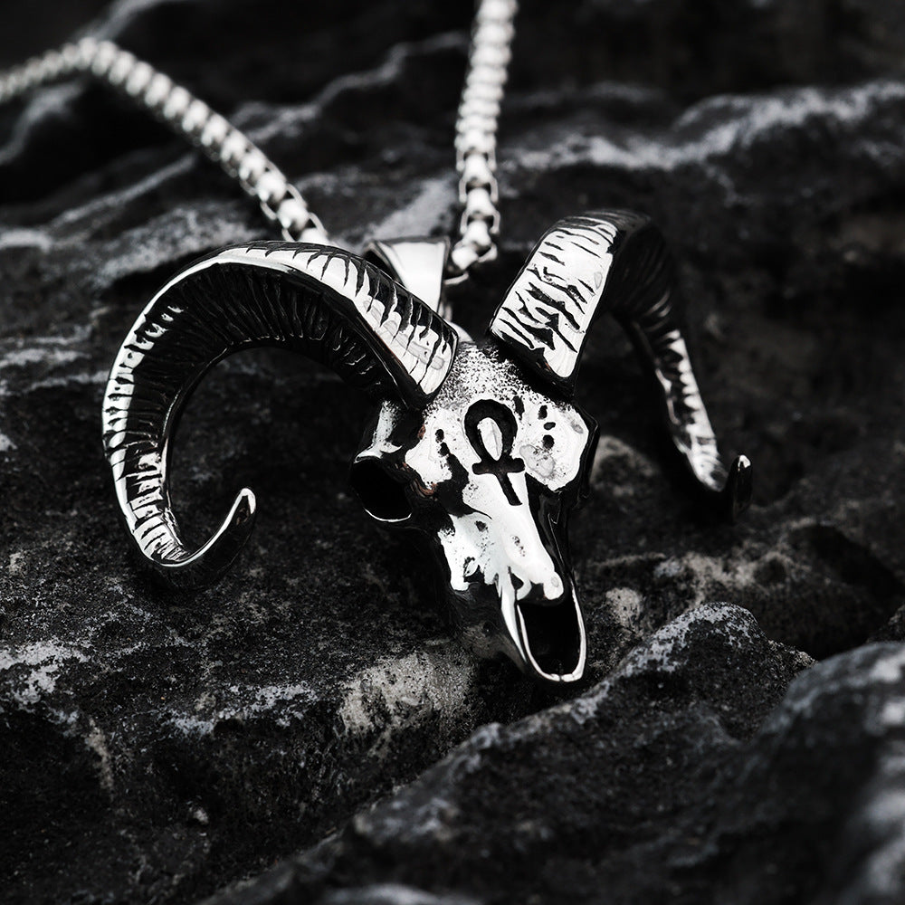 Nordic Retro Stainless Steel Men's Pendant Sheep Head Anka Cross