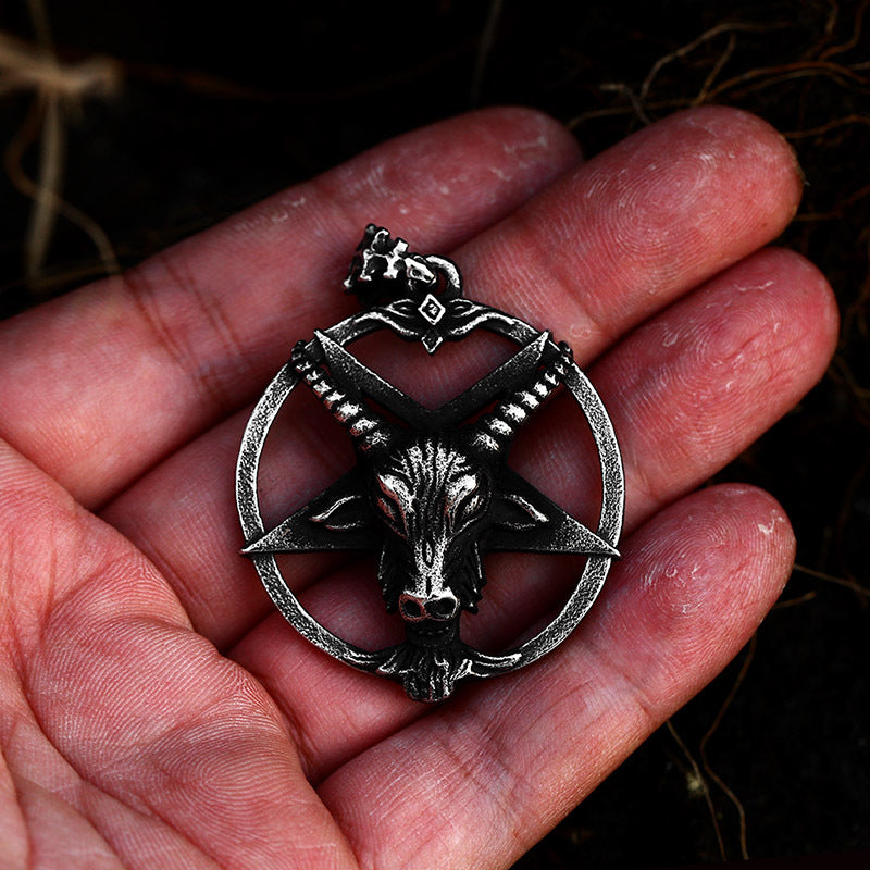 Retro Punk Titanium Steel Pendant with Satanic Pentagram and Sheep Head Design for Men