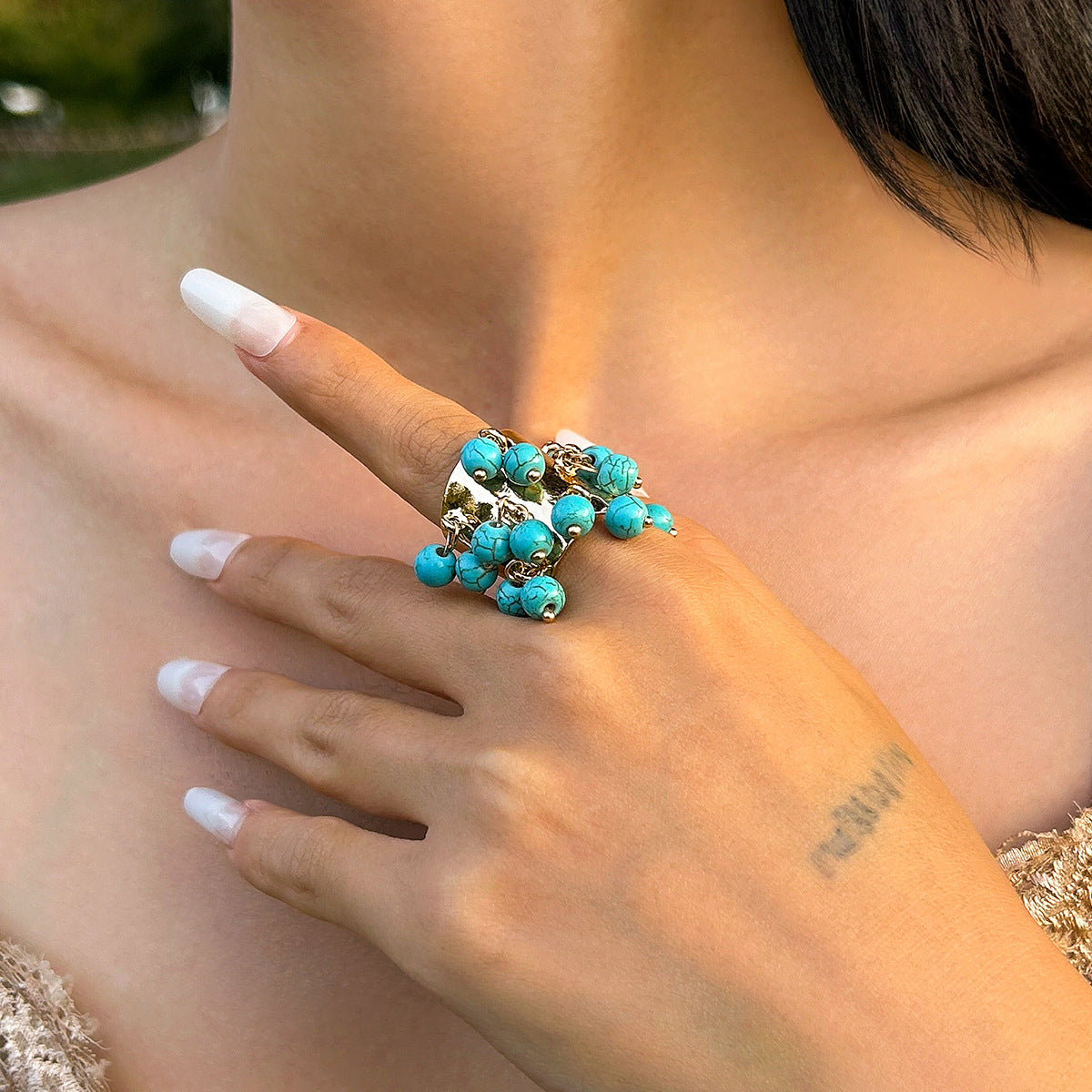 Planderful Boho Pearl Fringe Ring For Women Turquoise Accent Statement Jewelry Vienna Verve