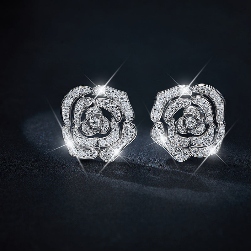 Planderful Moissanite Camellia Stud Earrings S925 Sterling Silver In Style Earl Grey Flower Luxury Gift For Her