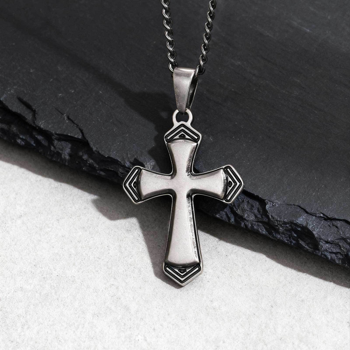 Stainless Steel Baked Black Lacquer Cut Cross Pendant Necklace