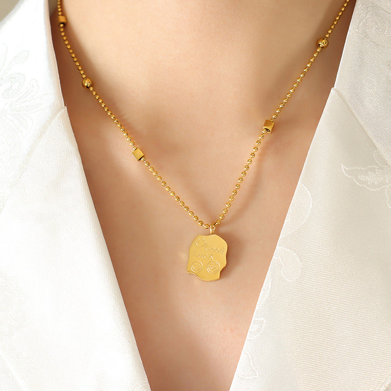 Golden Smiley Face Engraved Letter Necklace - Stylish European and American Instagram Style