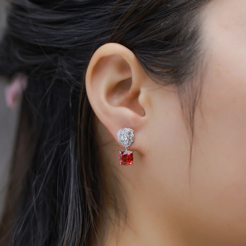 S925 Sterling Silver Lab-Grown Ruby Rose Stud Earrings