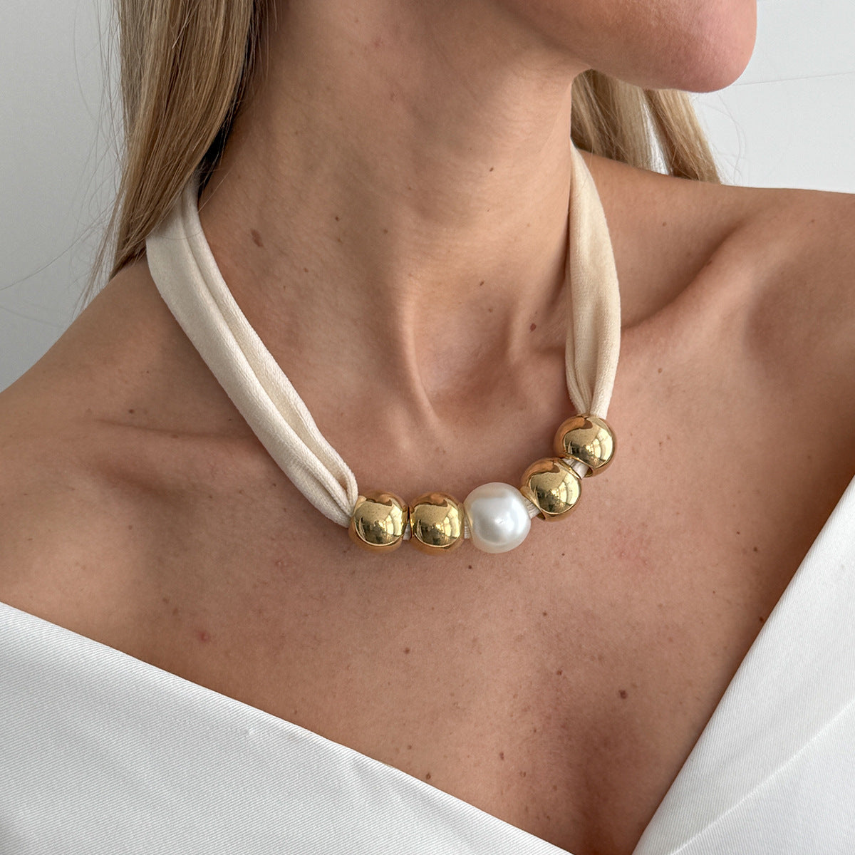 Knotted Fabric Pearl Bead Necklace
