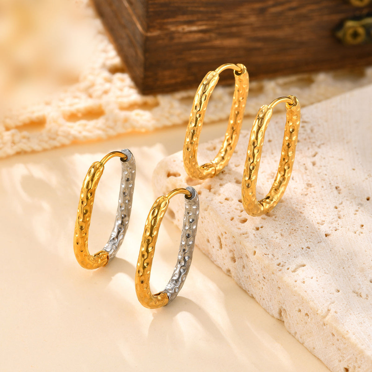 Hammered Rectangular Huggie Hoop Earrings