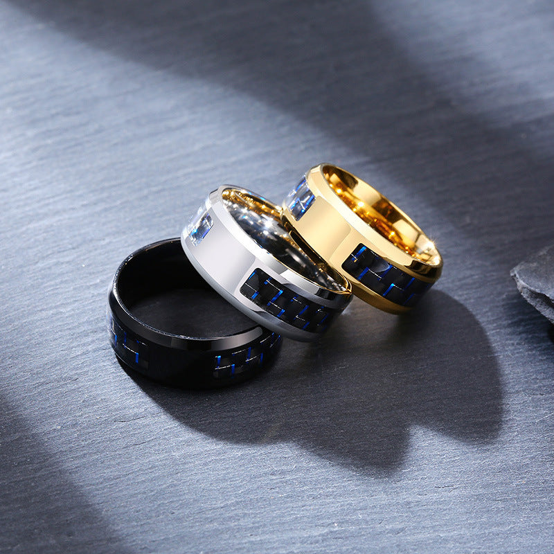 Face Width 8MM Stainless Steel Men's Ring Blue Black Carbon Fiber
