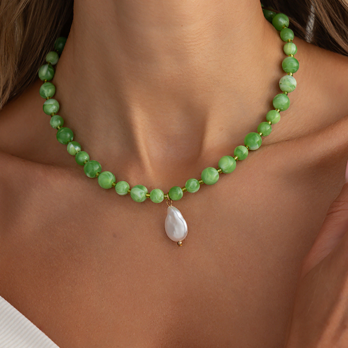 Green Bead Baroque Pearl-Style Necklace