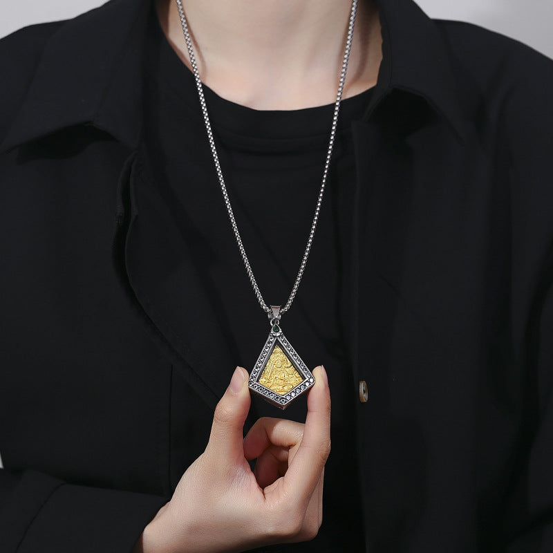 Zircon Necklace – Elegant Zodiac Buddha Pendant In Titanium Steel With Inlaid Zircon Accents