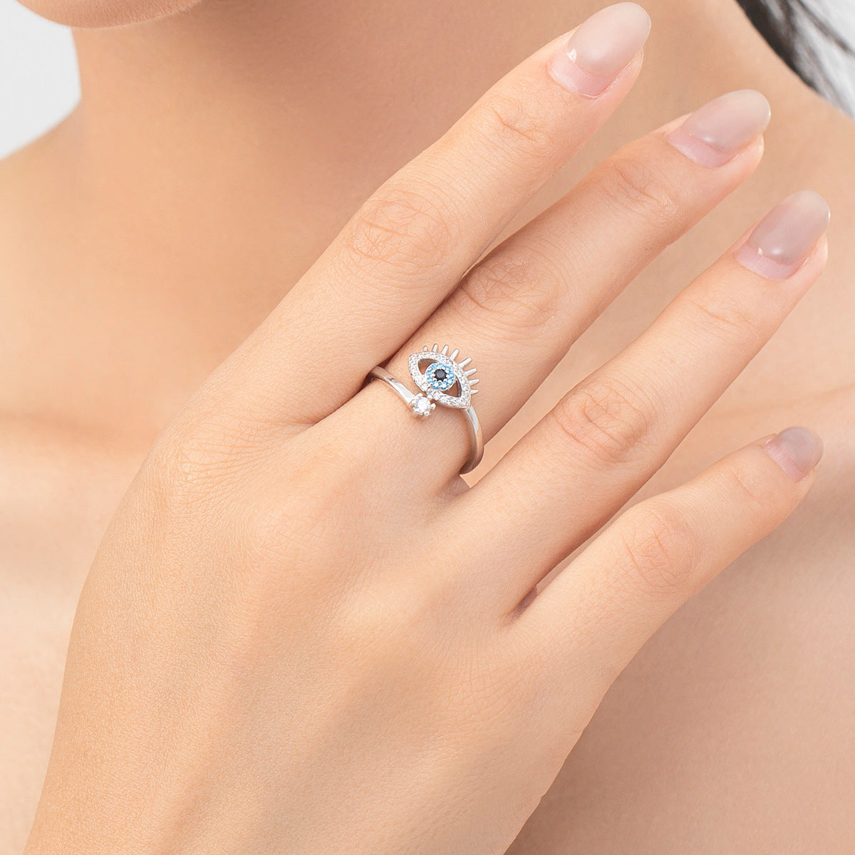 S925 Sterling Silver Devil's Eye Open Ring with Zircon Gems