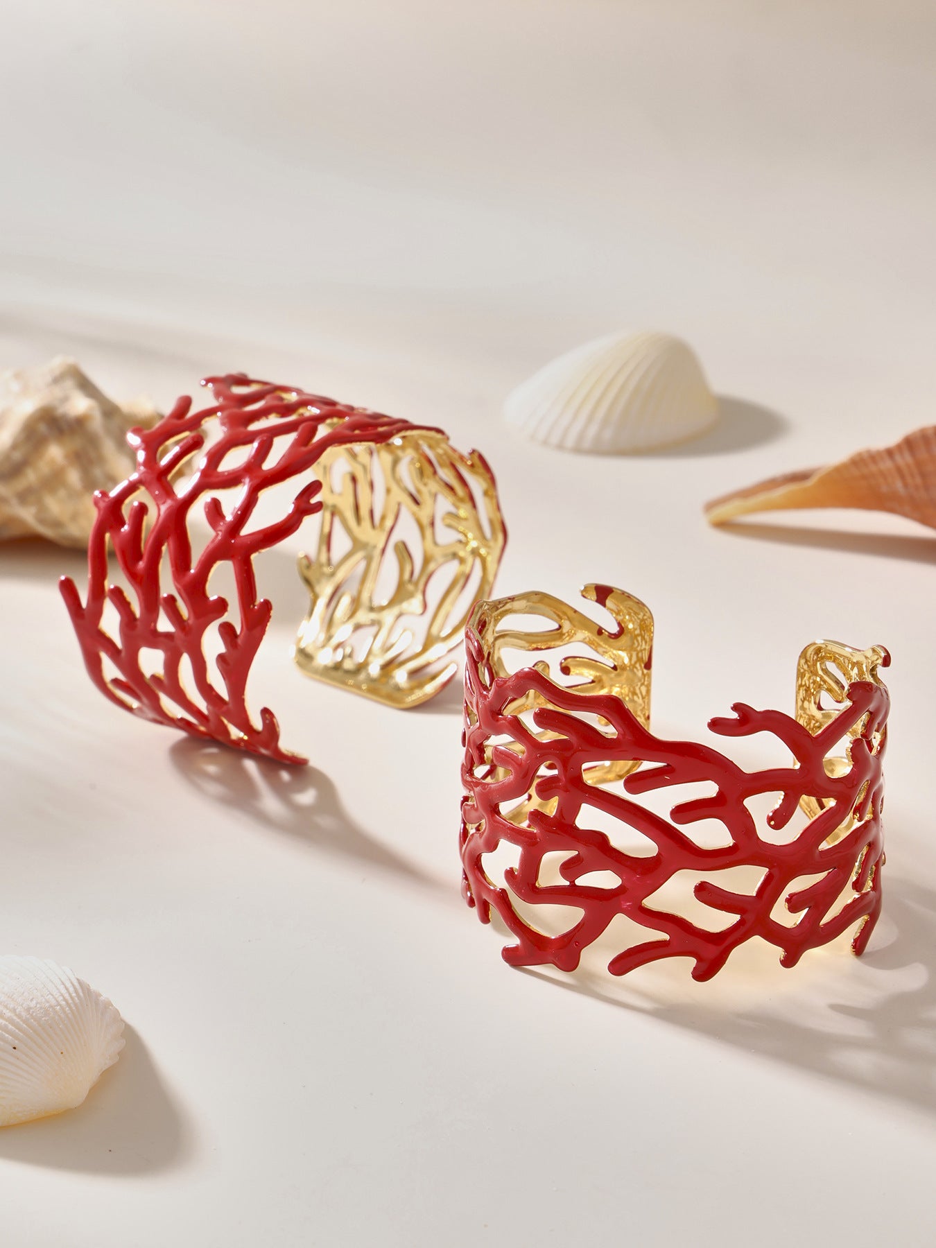 Planderful Bold Gold Plated Open Bracelet Coral Red Women