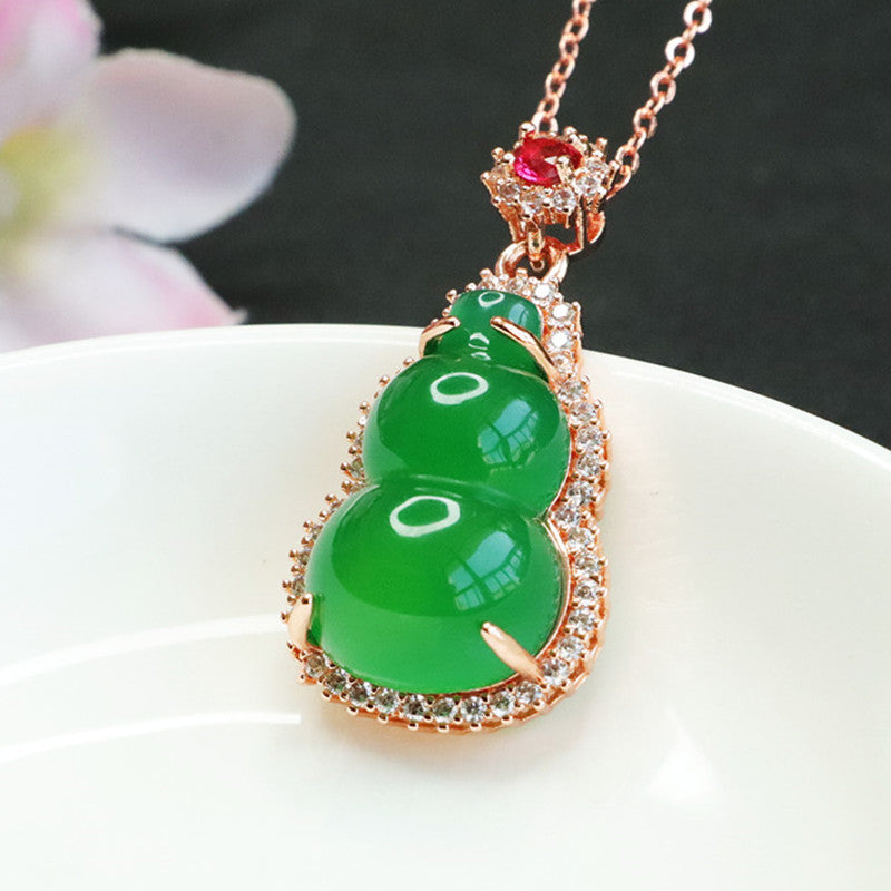 Gourd Pendant Necklace with Ice Green Chalcedony and Zircon Rose Gold Accents