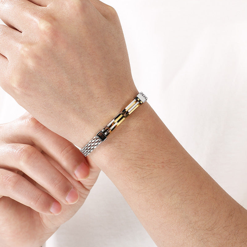 Men's Daily Wear Wind Niche Mesh Chain Titanium Steel Hollow Irregular Curved Bar Men's Bracelet