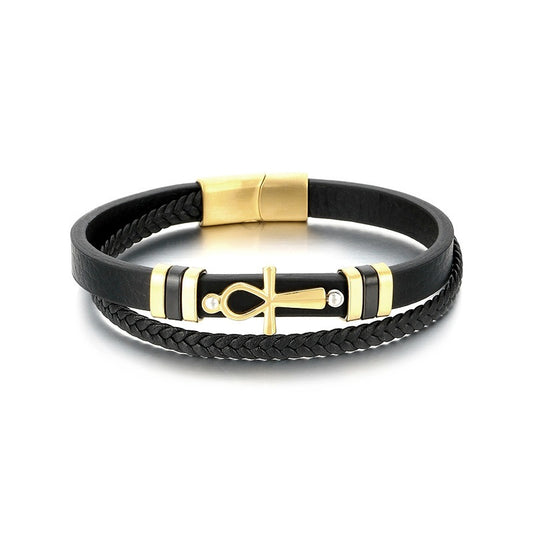 Multi-Layer Woven Leather Magnetic Buckle Stainless Steel Anka Symbol Cross Men's Bracelet