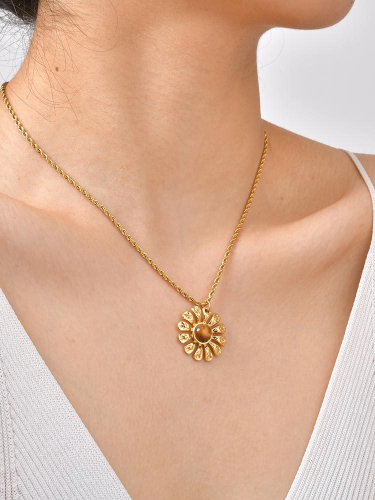 Stainless Steel French Flower Natural Tiger's Eye Necklace