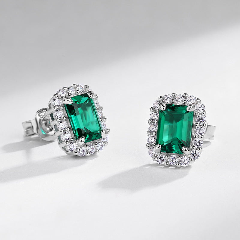 S925 Sterling Silver Lab-Grown Emerald Geometric Stud Earrings