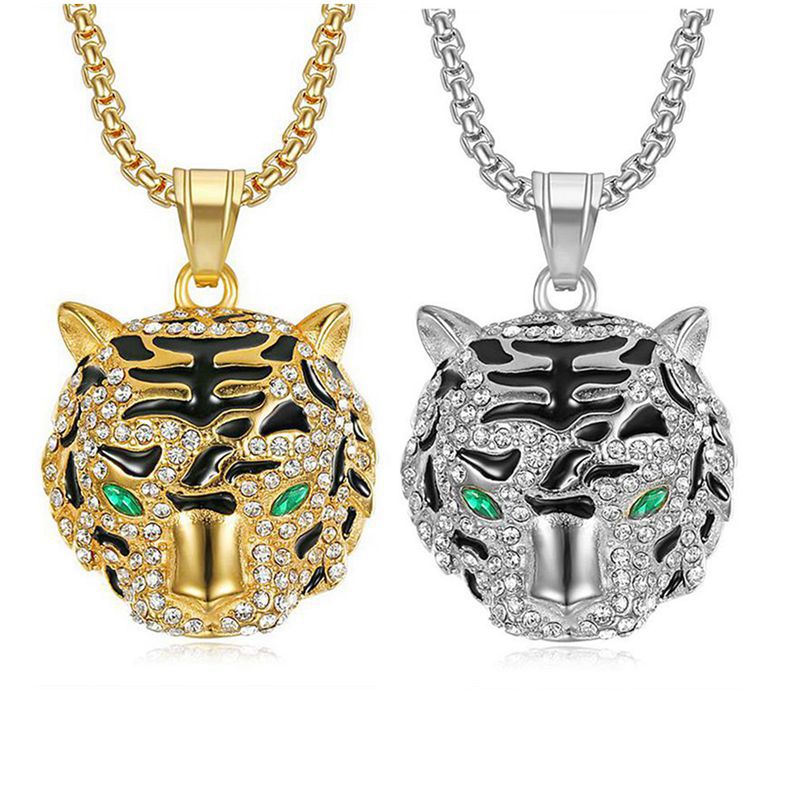 Titanium Steel Necklace – Luxury Gold-Plated Rhinestone Tiger Head Pendant For Everyday Hip Hop Style
