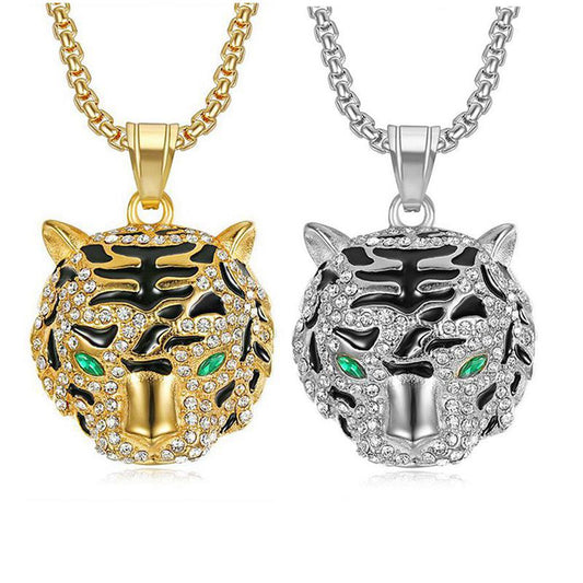 Titanium Steel Necklace – Luxury Gold-Plated Rhinestone Tiger Head Pendant For Everyday Hip Hop Style