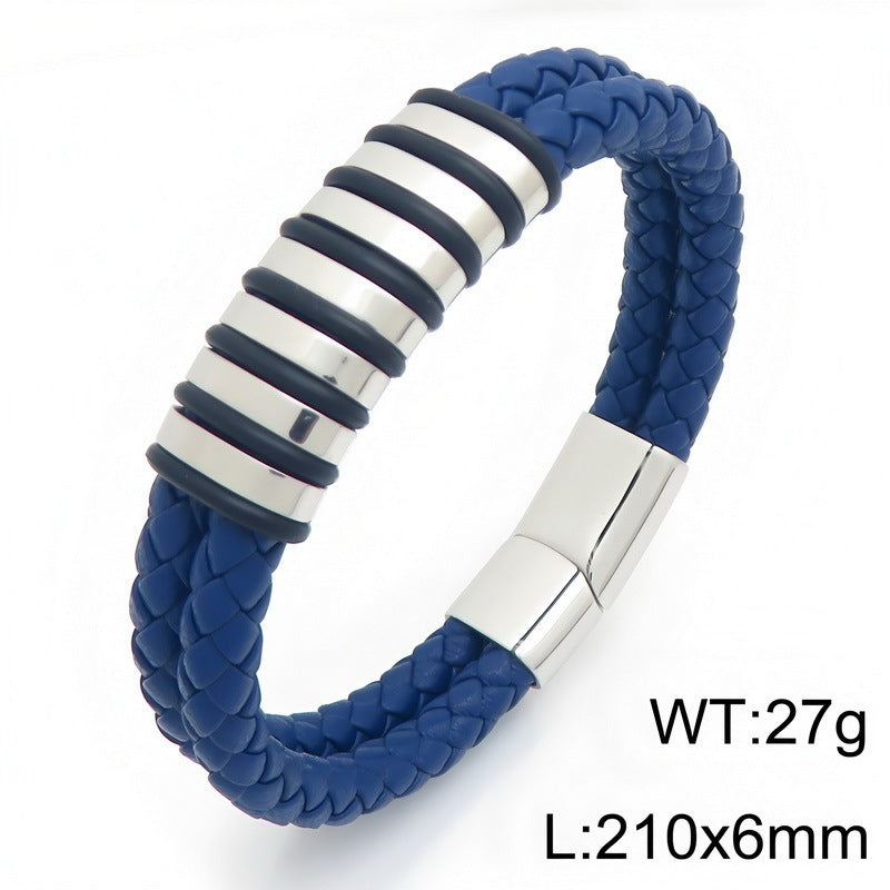Blue/Black Leather Bracelet Double Layer Braided Microfiber Leather Stainless Steel