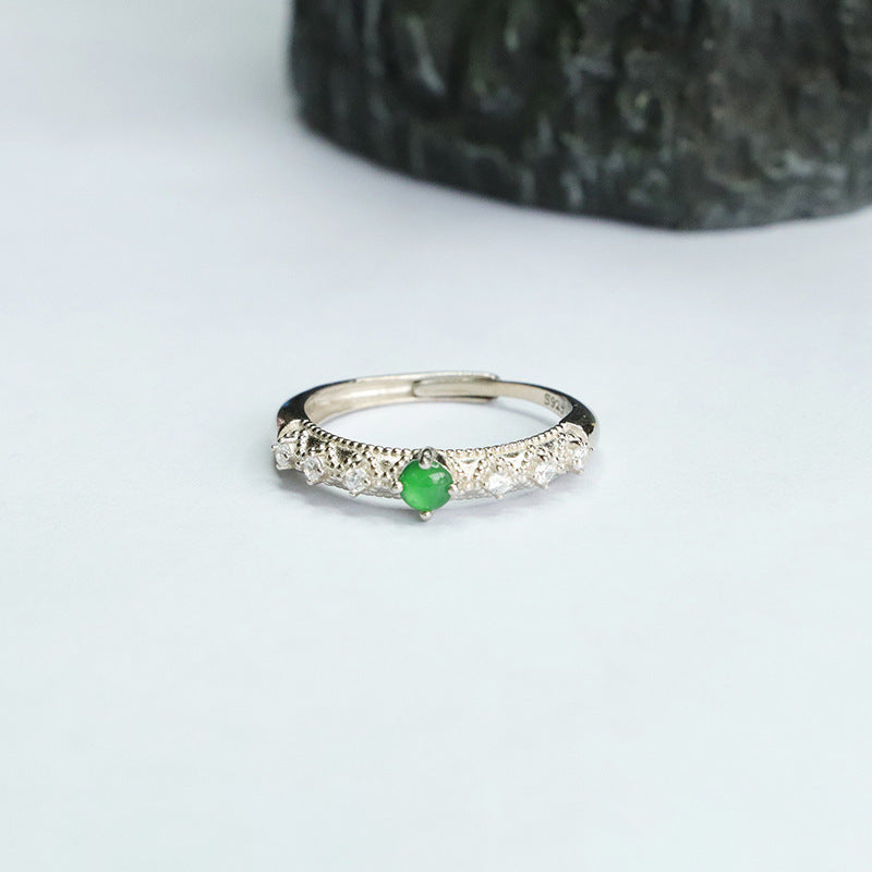 Six Zircon Sterling Silver Ring with Ice Emperor Green Jade and Adjustable Opening