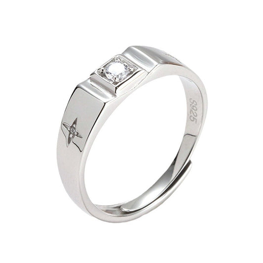 Square Shape Round Zircon Cross Star Opening Sterling Silver Ring for Men