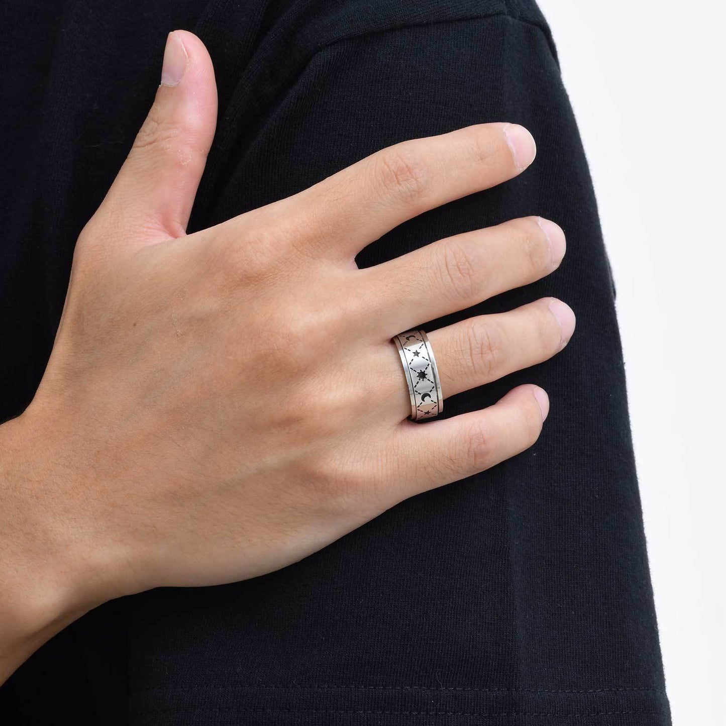 Mens Trend Stainless Steel Sun Moon Rotating Ring Jewelry