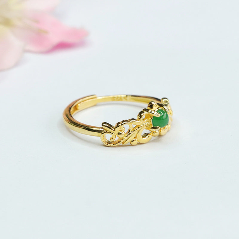 Icy Green Jadeite Vine Leaf 925 Silver Ring