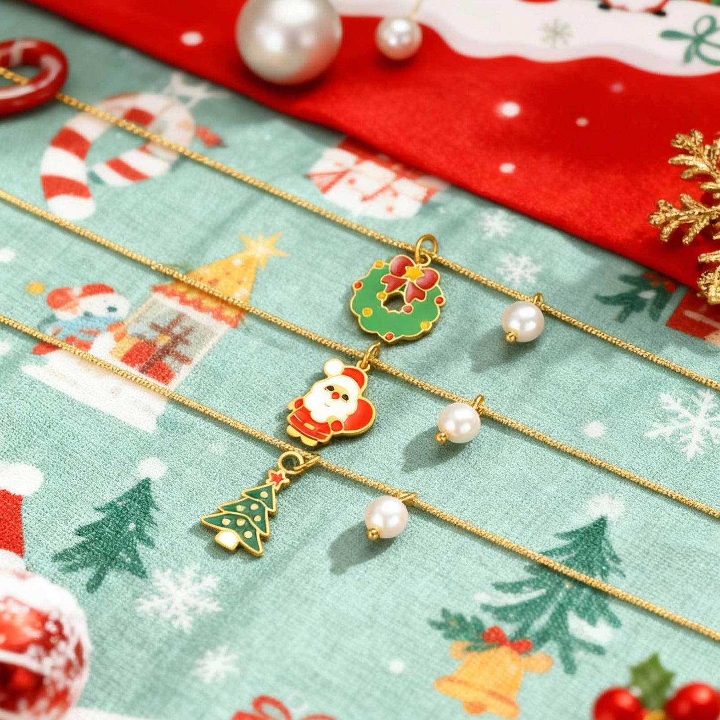 Stainless Steel Christmas Bells Santa Holiday Collection Girl Ornaments Pearl Necklace