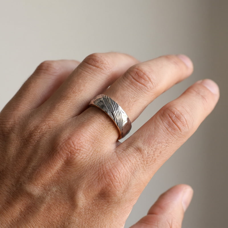 Trendy Retro Wavy Ring, Damascus Leather Steel Ring Stainless Steel Men's