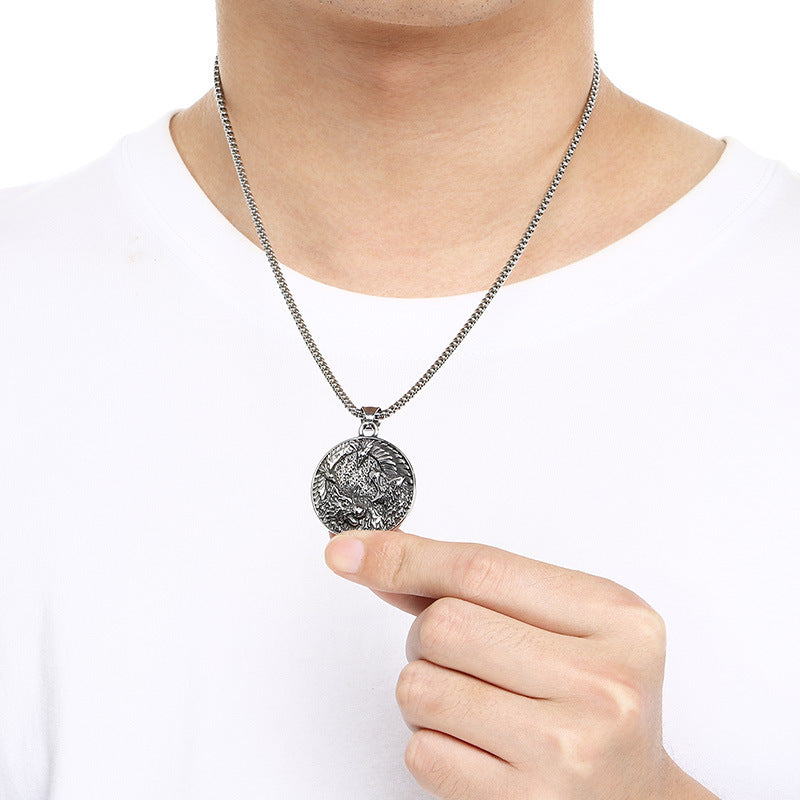 Nordic Viking Mythology Tomahawk Raven Totem, Retro Double Wolf And Crow Titanium Necklace