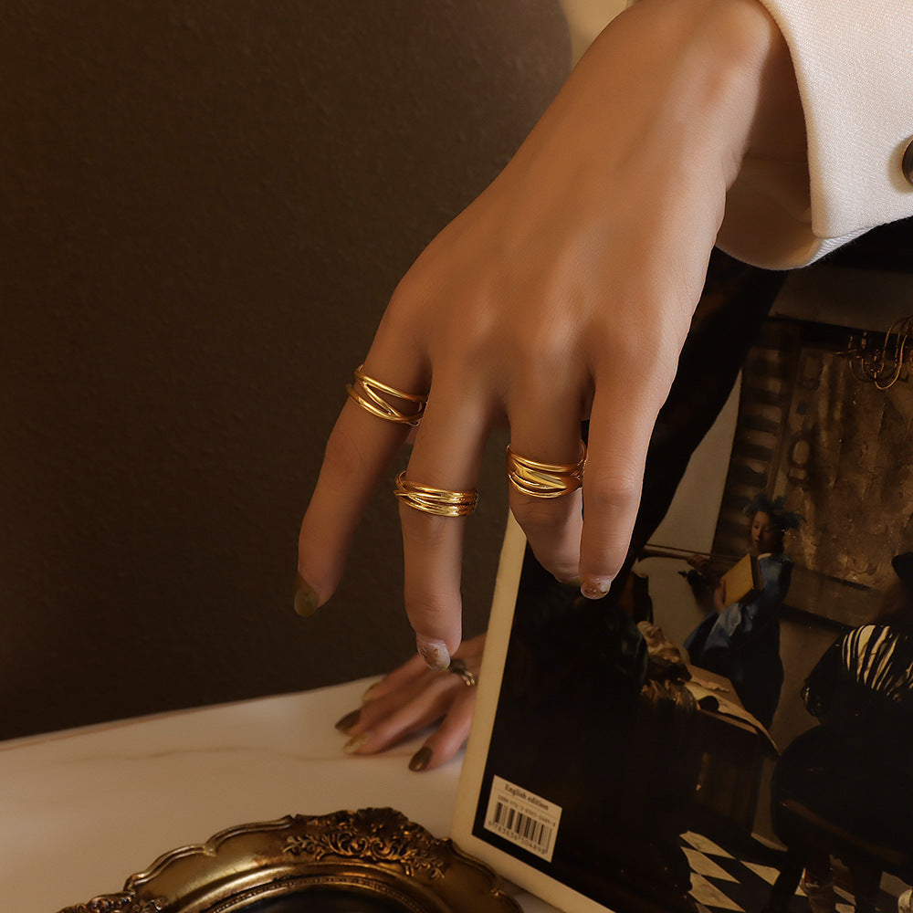 Romantic European and American Cross C-shaped Open Ring Set with Wind-Resistant Stacked Rings - Couple's Eternal Love Ring