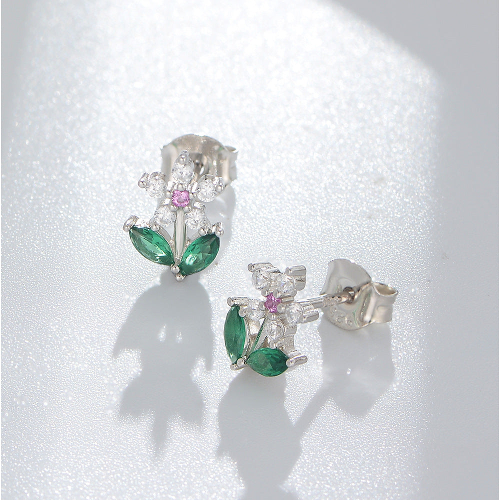 S925 Sterling Silver Zircon Flower Stud Earrings Sweet Mori Earrings