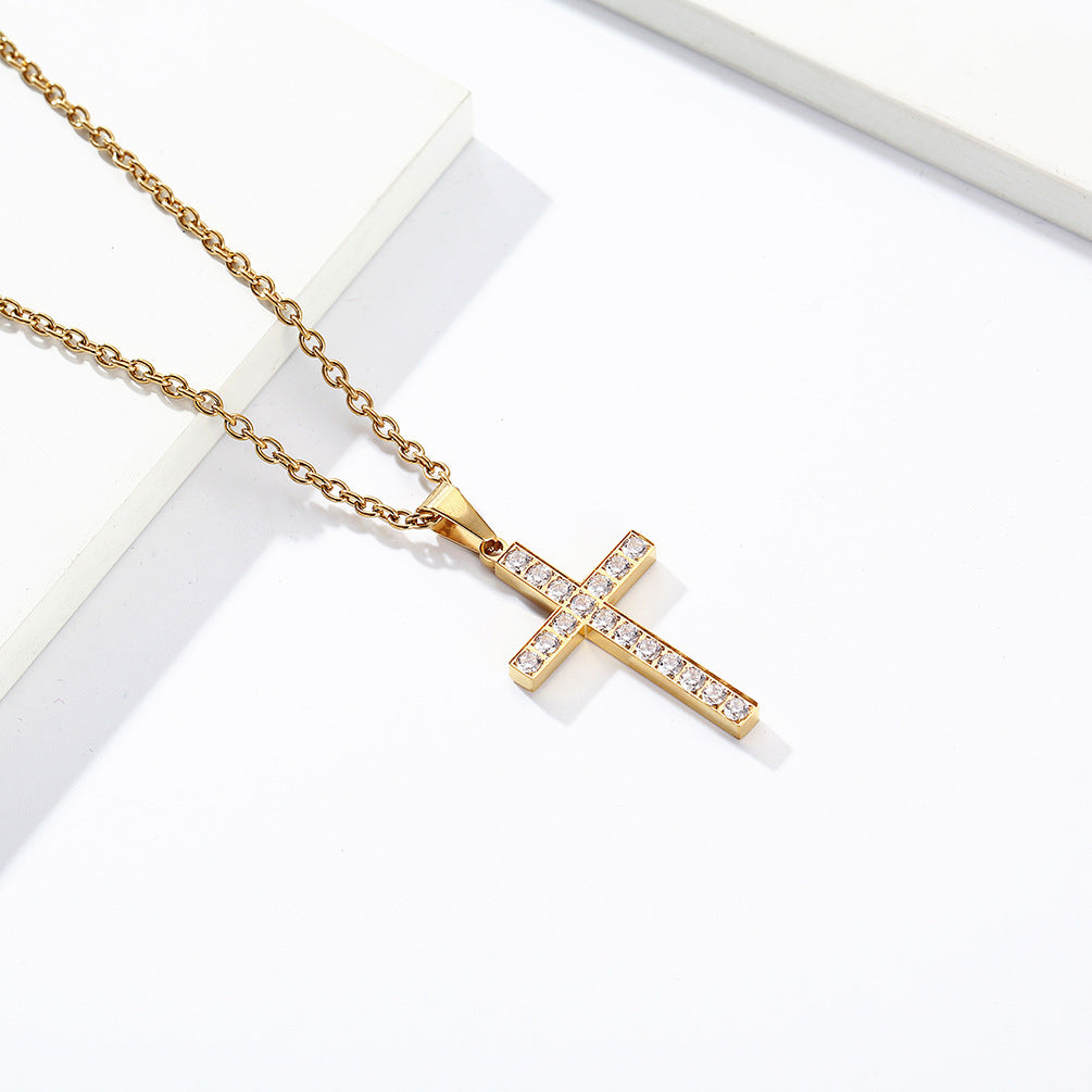 Planderful Titanium Steel Cross Necklace With Zircon Stones Unisex Luxury Jewelry