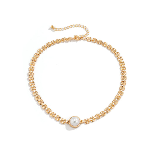 Europe and The United States Creative Hollow Square Necklace with Imitation Pearl Watch Chain for Women