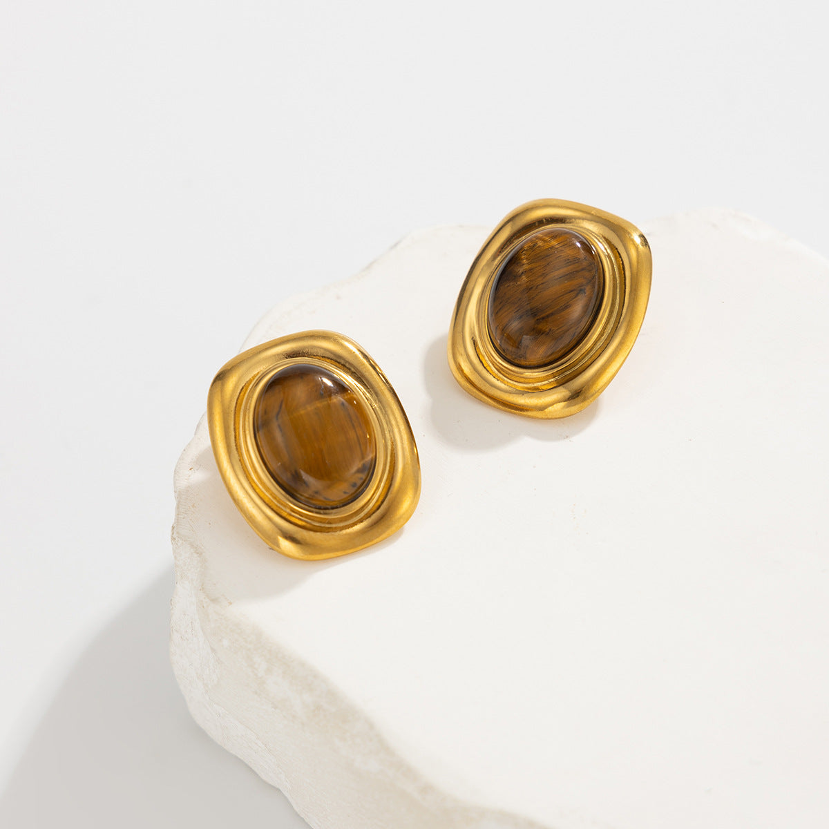 Planderful Stainless Steel Stud Earrings Tiger Stone Inlaid Geometric Pearl Square Statement For Trendsetting Women