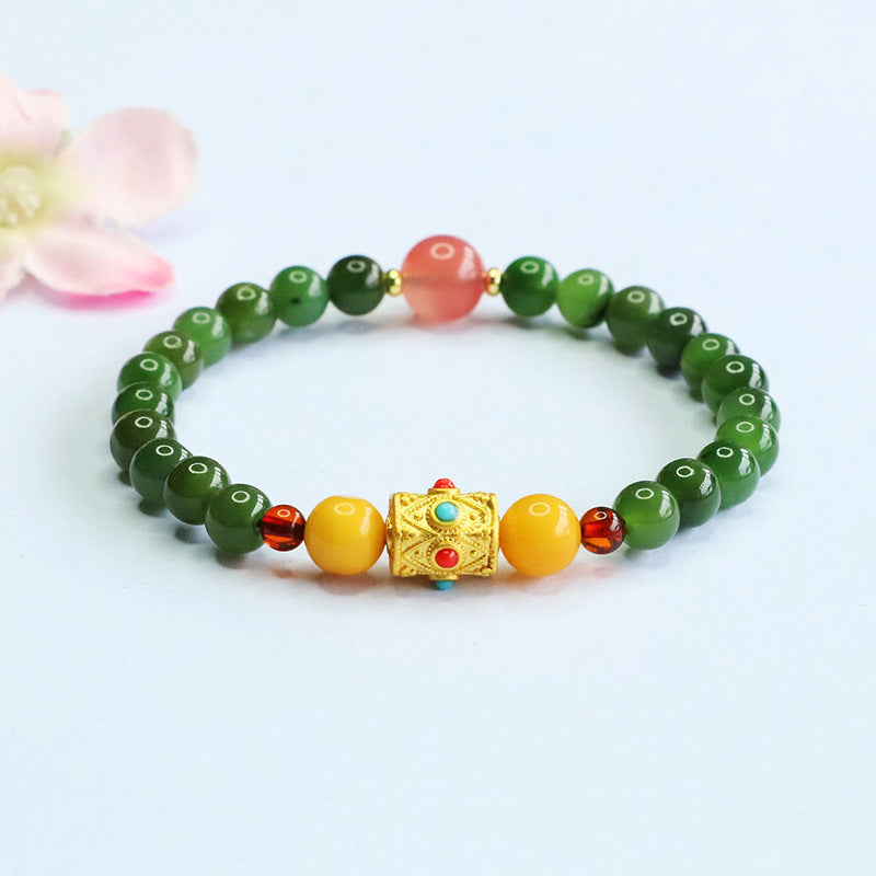 Hetian Jasper Beaded Bracelet with Gold-Tone Accents