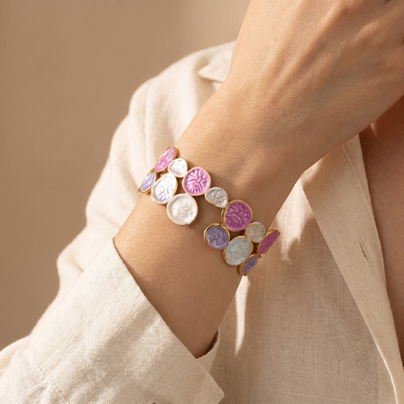 Oval Texture Pearlescent Gradual Change Opening Stainless Steel Bracelet Vacation Style