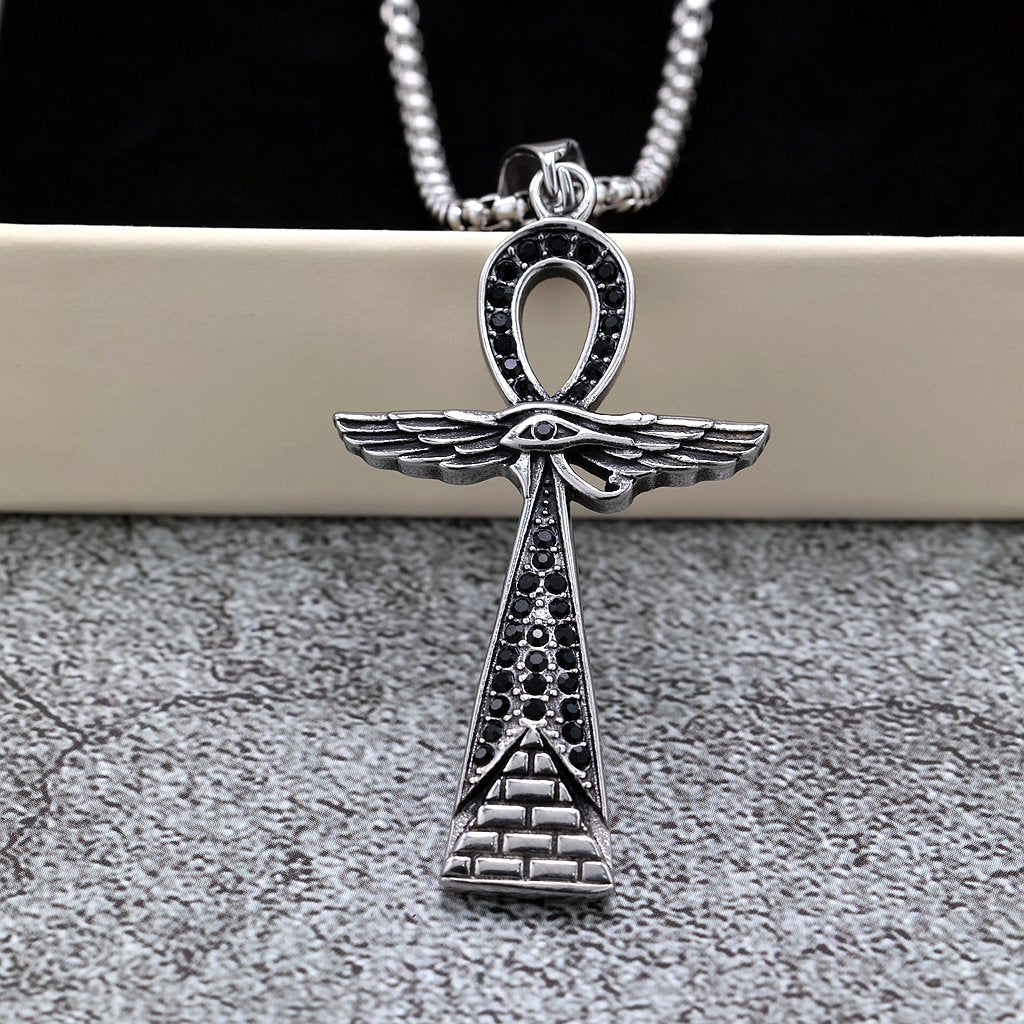 Vintage Cross Egyptian Stainless Steel Pendant Necklace
