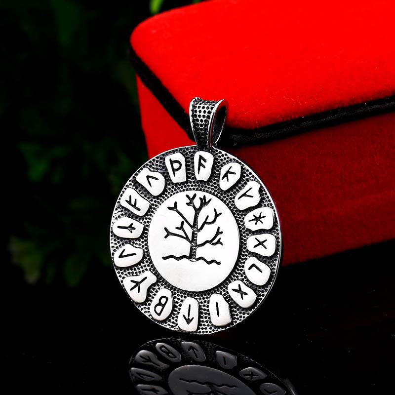 Titanium Steel Viking Rune Pendant Necklace for Men - Retro Tree of Life Design