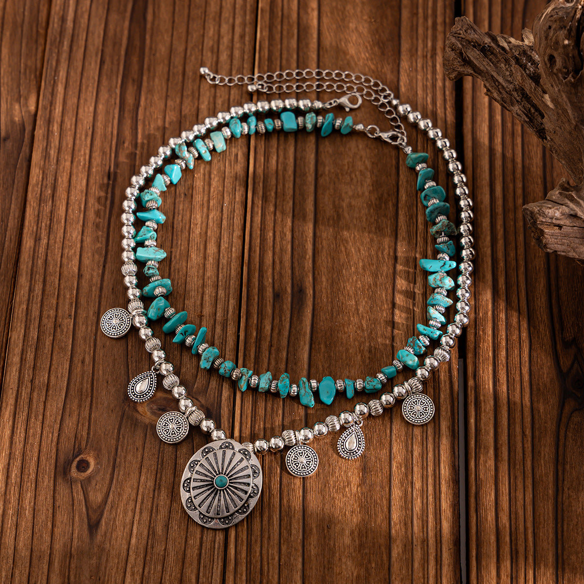 Planderful Vienna Verve Necklace – Retro Ethnic Style with Irregular Turquoise Beads