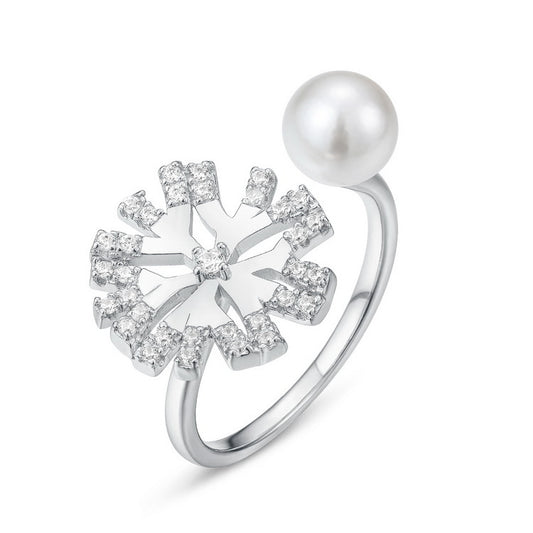 Zircon Snowflake and Round Pearl Opening Sterling Silver Ring